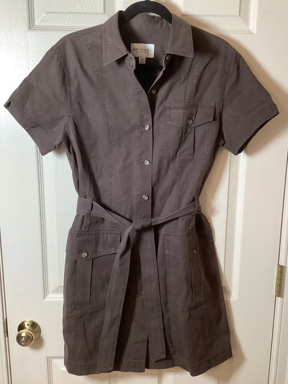 Emanuel Ungaro Chocolate Brown Short-Sleeve Denim Utility Mini Tie Dress  - 10